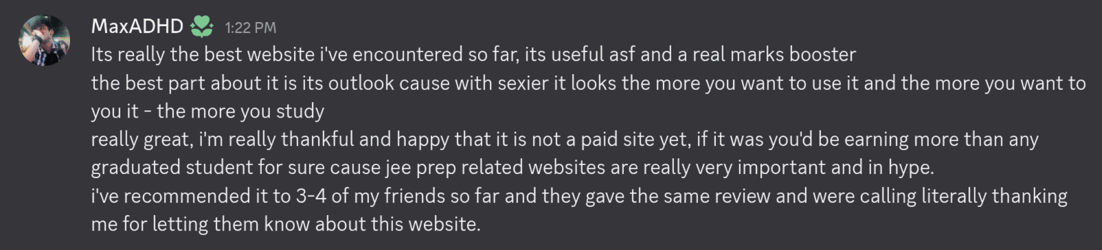 Discord testimonial from MaxADHD