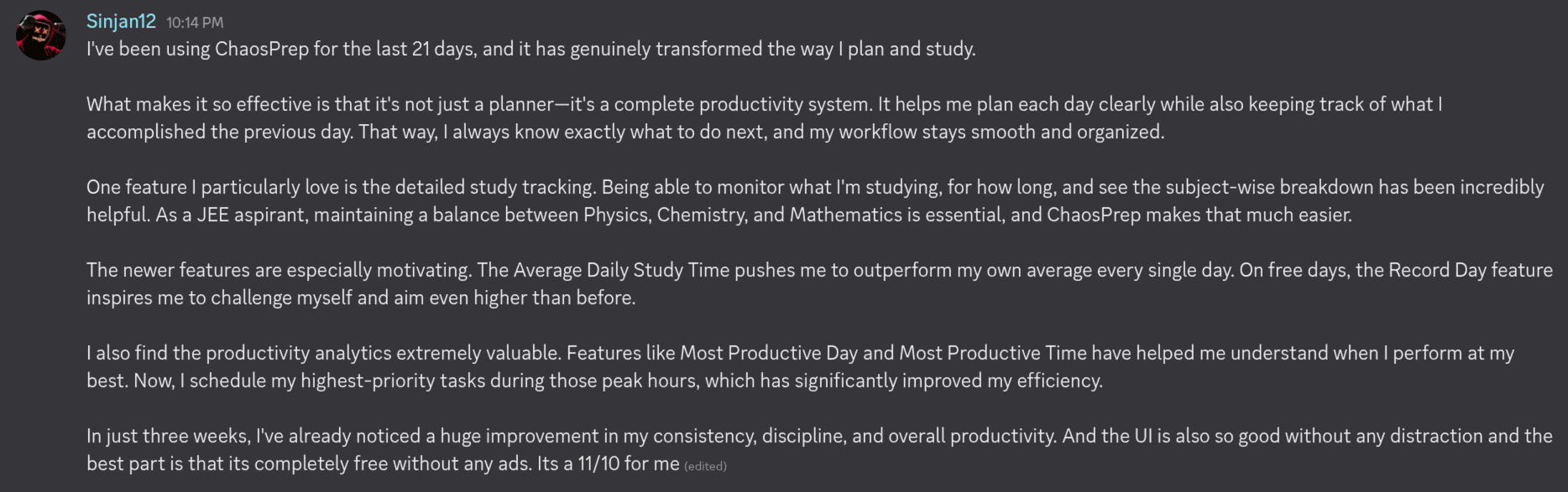 Discord testimonial from Sinjan12